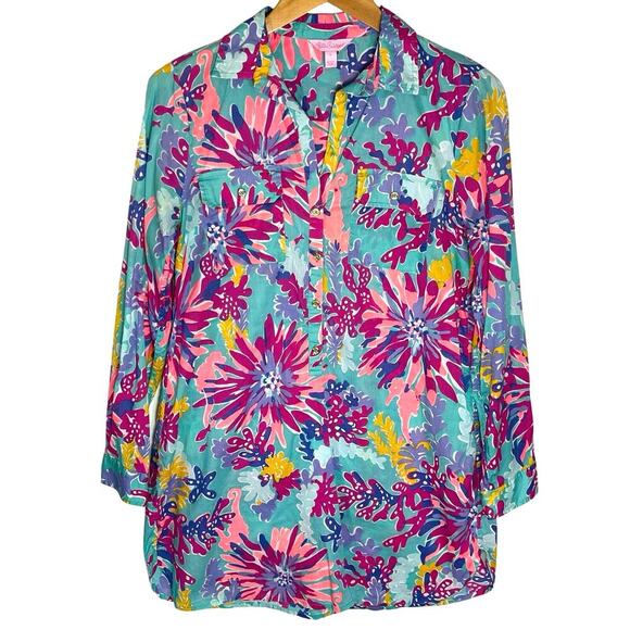 LILLY PULITZER Women’s Captiva Tunic Top Aqua and Pink Topical Print - Picture 1 of 5